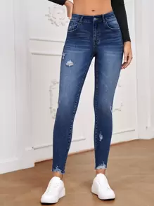 SHEIN Essnce High Waist Ripped Raw Hem Skinny Jeans - Dark Wash - View 4