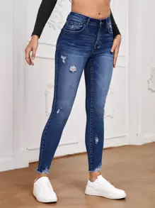 SHEIN Essnce High Waist Ripped Raw Hem Skinny Jeans - Dark Wash - View 6