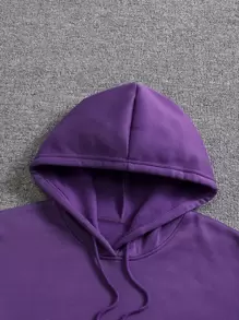 男士標語和卡通圖案袋鼠口袋抽繩保暖連帽衫 - 紫色 - 查看 4