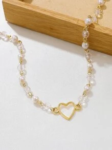 愛心裝飾串珠項鏈 - 金黃色 - 查看 2