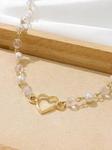 愛心裝飾串珠項鏈 - 金黃色 - 查看 3