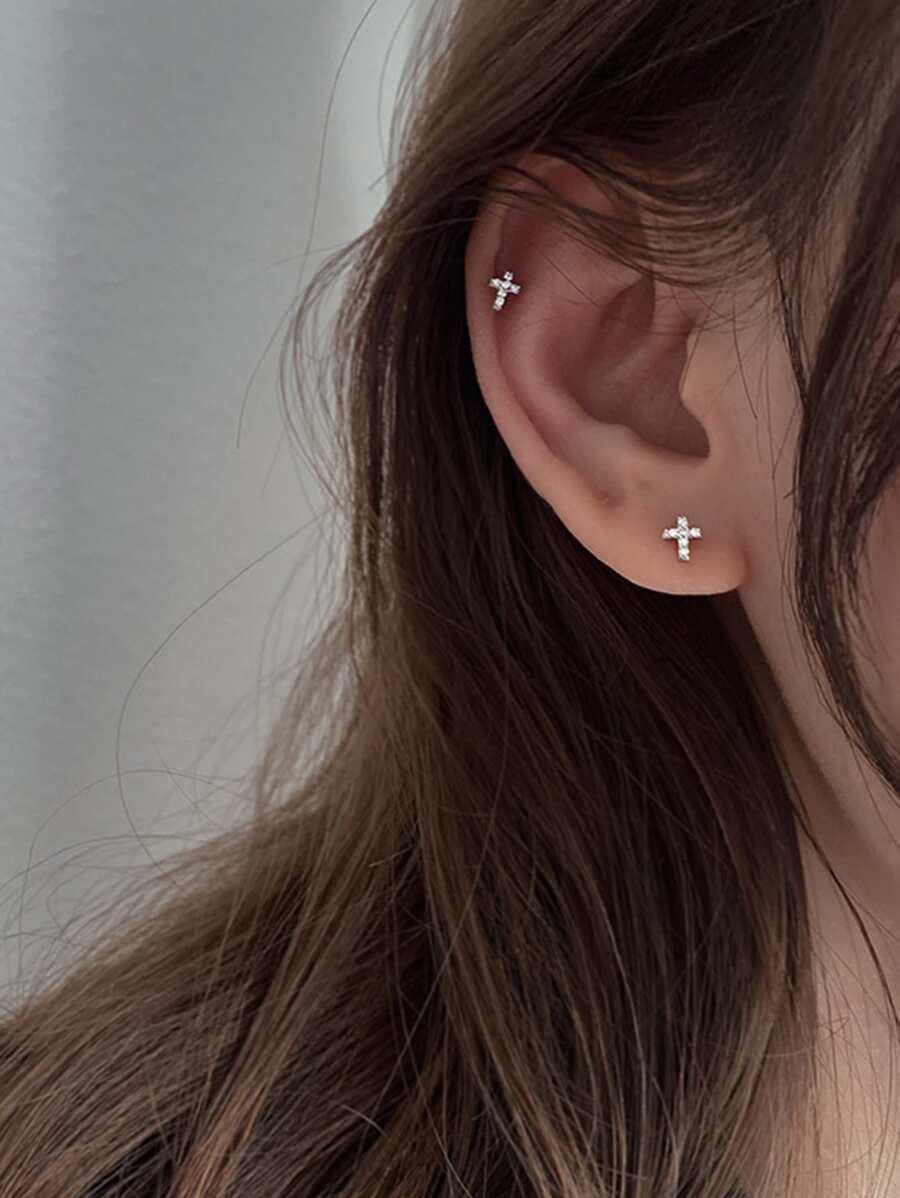 Hoa tai đinh tán trang trí chữ thập Zirconia khối - Bạc - Xem 1