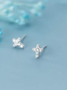 Hoa tai đinh tán trang trí chữ thập Zirconia khối - Bạc - Xem 2