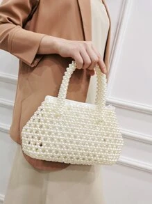 Túi đeo chéo Nữ Ngọc trai màu trơn Đôi tay cầm Đúng mốt - Màu be - Xem 2