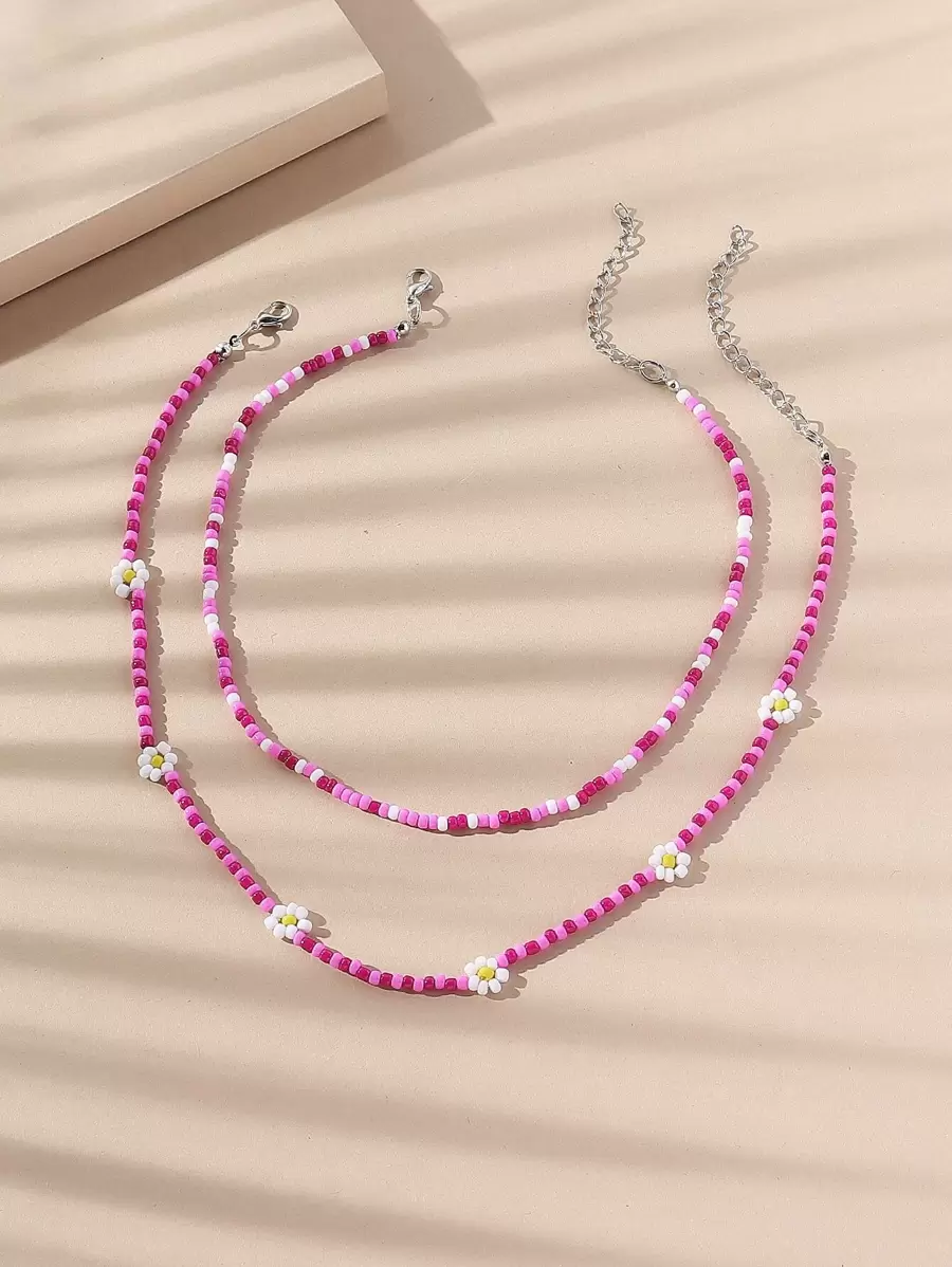 2 chiếc vòng cổ đính hạt hoa - Màu Hồng Tươi - Xem 1