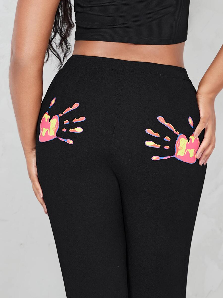 SHEIN ICON Split Hem Hand Print Flare Leg Trousers - Black - View 1