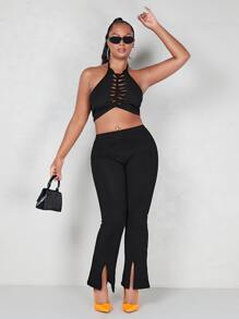 SHEIN ICON Split Hem Hand Print Flare Leg Trousers - Black - View 4