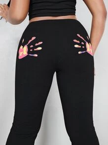 SHEIN ICON Split Hem Hand Print Flare Leg Trousers - Black - View 5