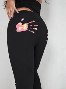 SHEIN ICON Split Hem Hand Print Flare Leg Trousers - Black - View 6