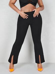 SHEIN ICON Split Hem Hand Print Flare Leg Trousers - Black - View 2