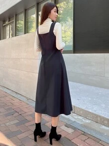 DAZY 纯色后背拉链吊带连衣裙（不含衬衫）亚麻，秋季服装 - 藏蓝色 - 查看 2