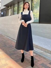 DAZY 纯色后背拉链吊带连衣裙（不含衬衫）亚麻，秋季服装 - 藏蓝色 - 查看 3