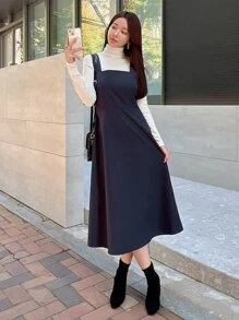 DAZY 纯色后背拉链吊带连衣裙（不含衬衫）亚麻，秋季服装 - 藏蓝色 - 查看 4
