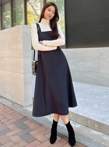 DAZY 纯色后背拉链吊带连衣裙（不含衬衫）亚麻，秋季服装 - 藏蓝色 - 查看 5