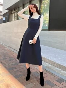 DAZY 纯色后背拉链吊带连衣裙（不含衬衫）亚麻，秋季服装 - 藏蓝色 - 查看 7