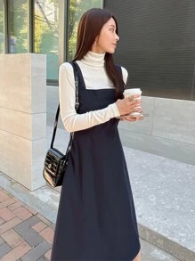 DAZY 纯色后背拉链吊带连衣裙（不含衬衫）亚麻，秋季服装 - 藏蓝色 - 查看 8