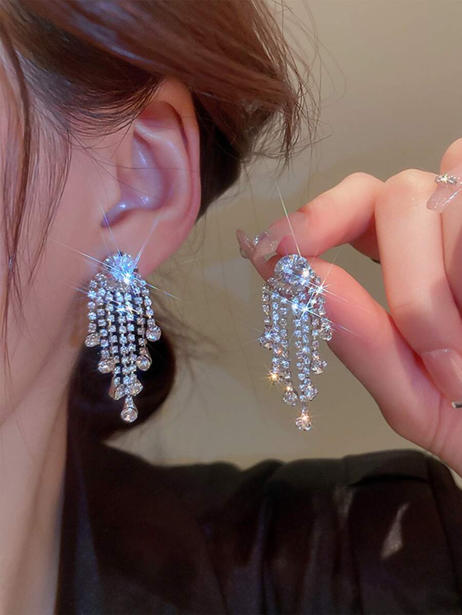 Rhinestone Tassel Drop Earrings - Silver - View 1
