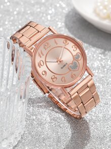 1入組心形細節系石英表盤手錶和1入組手鍊假日女士手錶玫瑰金雙心數字表盤手錶鑲有鋯石手鍊鋅合金 - 玫瑰金 - 查看 2