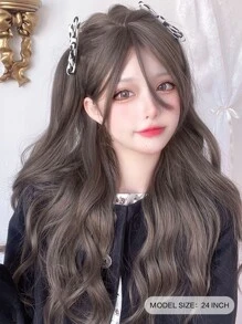 alicegarden 1 件合成耐热长卷发棕色假发，长款带刘海，24 英寸长，全机器编织日常自然逼真假发圣诞装饰新年 Y2k 圣诞装饰礼物闪购派对闪购特价（不包括配饰） - 棕色 - 查看 3