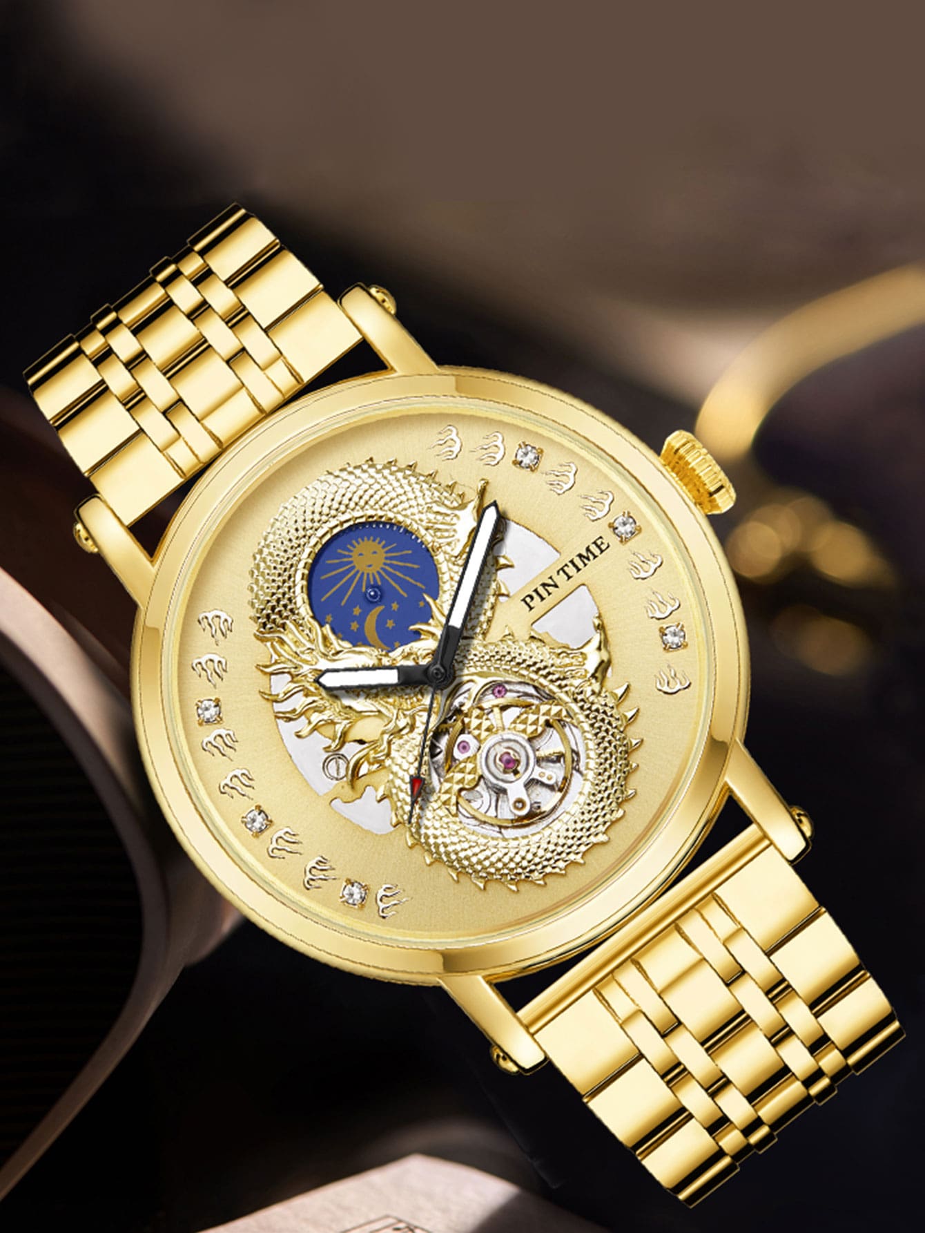 PINTIME Hombres Reloj mecánico de puntero redondo esqueleto con punzón aguja - Dorado - Ver 1