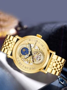 PINTIME Hombres Reloj mecánico de puntero redondo esqueleto con punzón aguja - Dorado - Ver 2