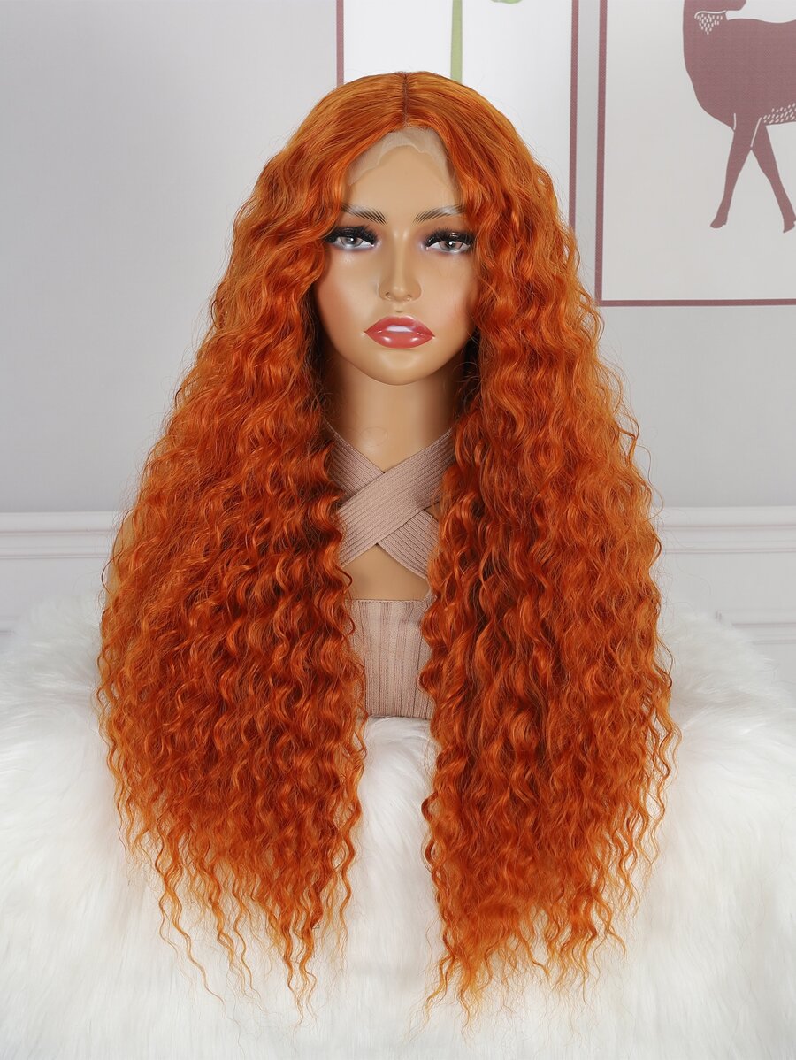 4X1英寸T型部分蕾絲長捲曲合成假髮 - 橘色 - 查看 1