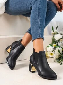 Women's Elegant Solid Black Chelsea Boots With Chunky Heel, Slip On Chelsea Ankle Boot - Black - View 2