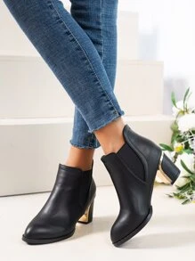 Women's Elegant Solid Black Chelsea Boots With Chunky Heel, Slip On Chelsea Ankle Boot - Black - View 3