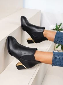 Women's Elegant Solid Black Chelsea Boots With Chunky Heel, Slip On Chelsea Ankle Boot - Black - View 4