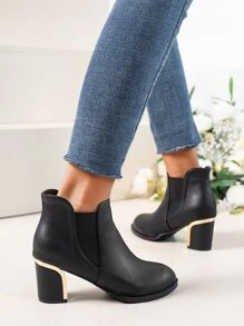 Women's Elegant Solid Black Chelsea Boots With Chunky Heel, Slip On Chelsea Ankle Boot - Black - View 5