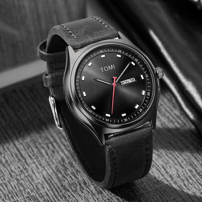  TOMI 1 件男士双日历时尚简约皮带手表，适合日常生活、节日、返校礼物