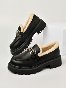 Metal Decor Flatform Thermal Lined Loafers - Black - View 1