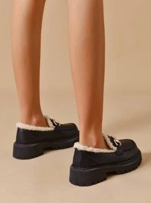 Metal Decor Flatform Thermal Lined Loafers - Black - View 2