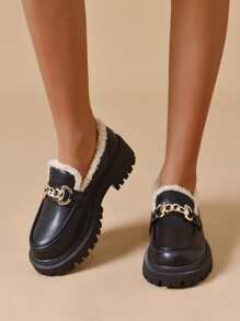 Metal Decor Flatform Thermal Lined Loafers - Black - View 3