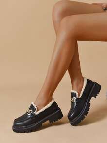 Metal Decor Flatform Thermal Lined Loafers - Black - View 4