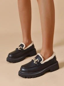 Metal Decor Flatform Thermal Lined Loafers - Black - View 5