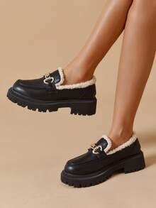 Metal Decor Flatform Thermal Lined Loafers - Black - View 6