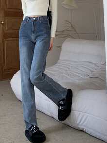 Jeans de pierna recta con cremallera - Azul - Ver 3