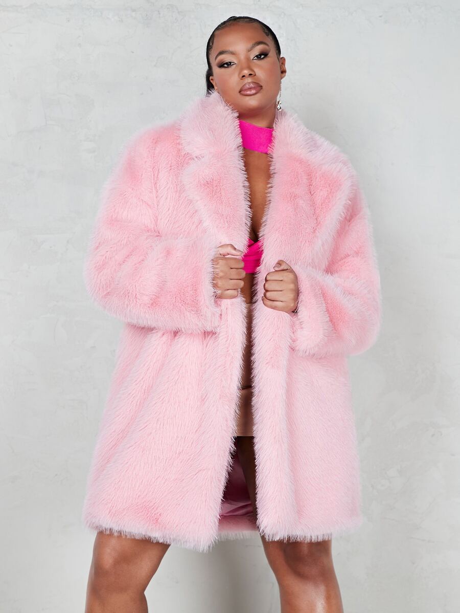 SHEIN ICON Notched Collar Fuzzy Thick Coat - Baby Pink - View 1