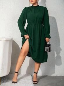 SHEIN Clasi 大碼圓點荷葉袖連衣裙 - 墨綠色 - 查看 1