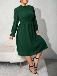 SHEIN Clasi 大碼圓點荷葉袖連衣裙 - 墨綠色 - 查看 5