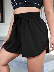 Gameset SHEIN Sport 大碼扣眼腰部綁帶撞色滾邊運動短褲 - 黑色 - 查看 4