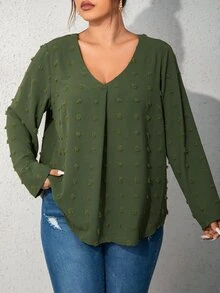 Plus Swiss Dot V Neck Blouse - Army Green - View 2