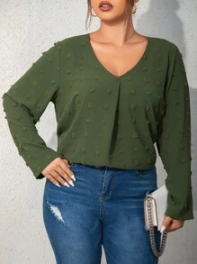 Plus Swiss Dot V Neck Blouse - Army Green - View 1