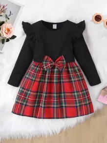 Toddler Girls Tartan Print Ruffle Trim Bow Front Dress - Multicolor - View 1