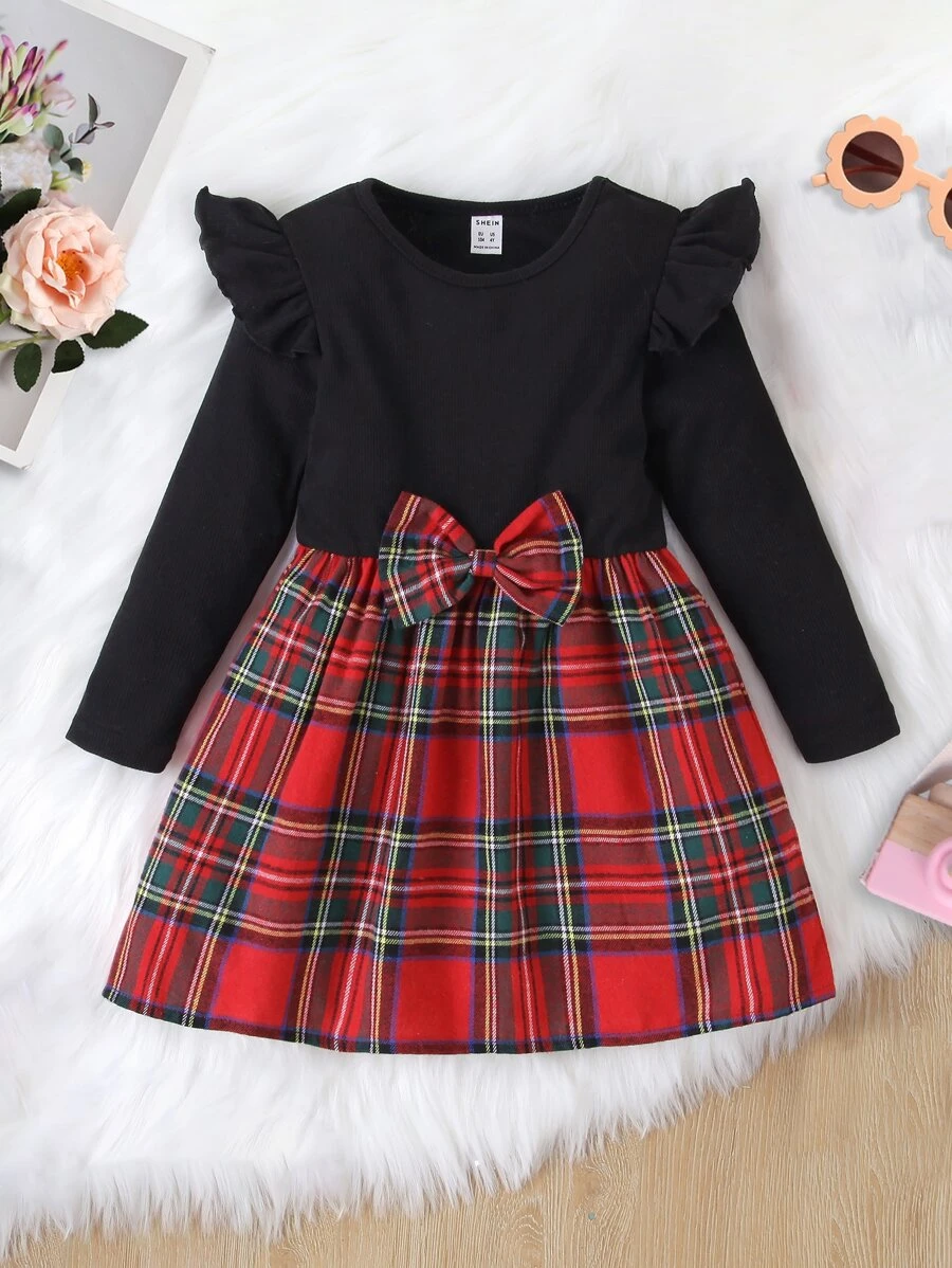 Toddler Girls Tartan Print Ruffle Trim Bow Front Dress - Multicolor - View 1