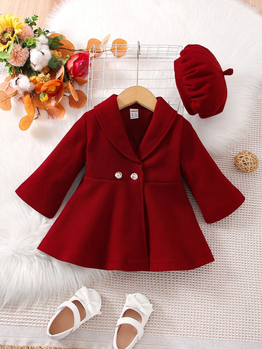 Baby Shawl Collar Double Button Dress - Burgundy - View 1
