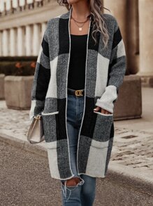 SHEIN LUNE Cárdigan de plumero con patrón de cuadros con doble bolsillo de hombros caídos - Gris - Ver 1