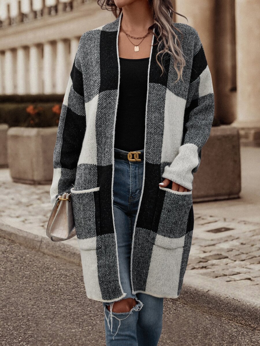 SHEIN LUNE Cárdigan de plumero con patrón de cuadros con doble bolsillo de hombros caídos - Gris - Ver 1