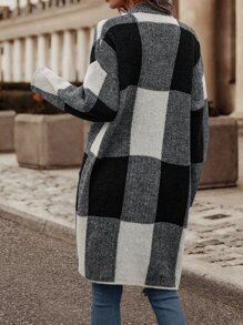 SHEIN LUNE Cárdigan de plumero con patrón de cuadros con doble bolsillo de hombros caídos - Gris - Ver 2